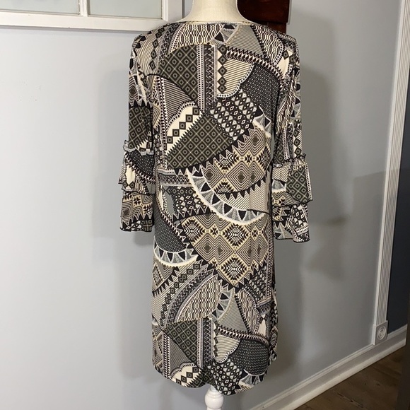 Espresso Multi Pattern Ruffle 3/4 Sleeve MIDI Dress M Modest - Picture 6 of 6